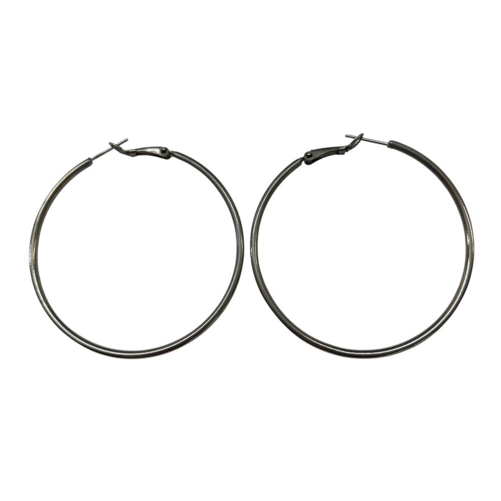 Pierced Silvertone Hoop Earrings‎ 2 Inch Brushed Finish